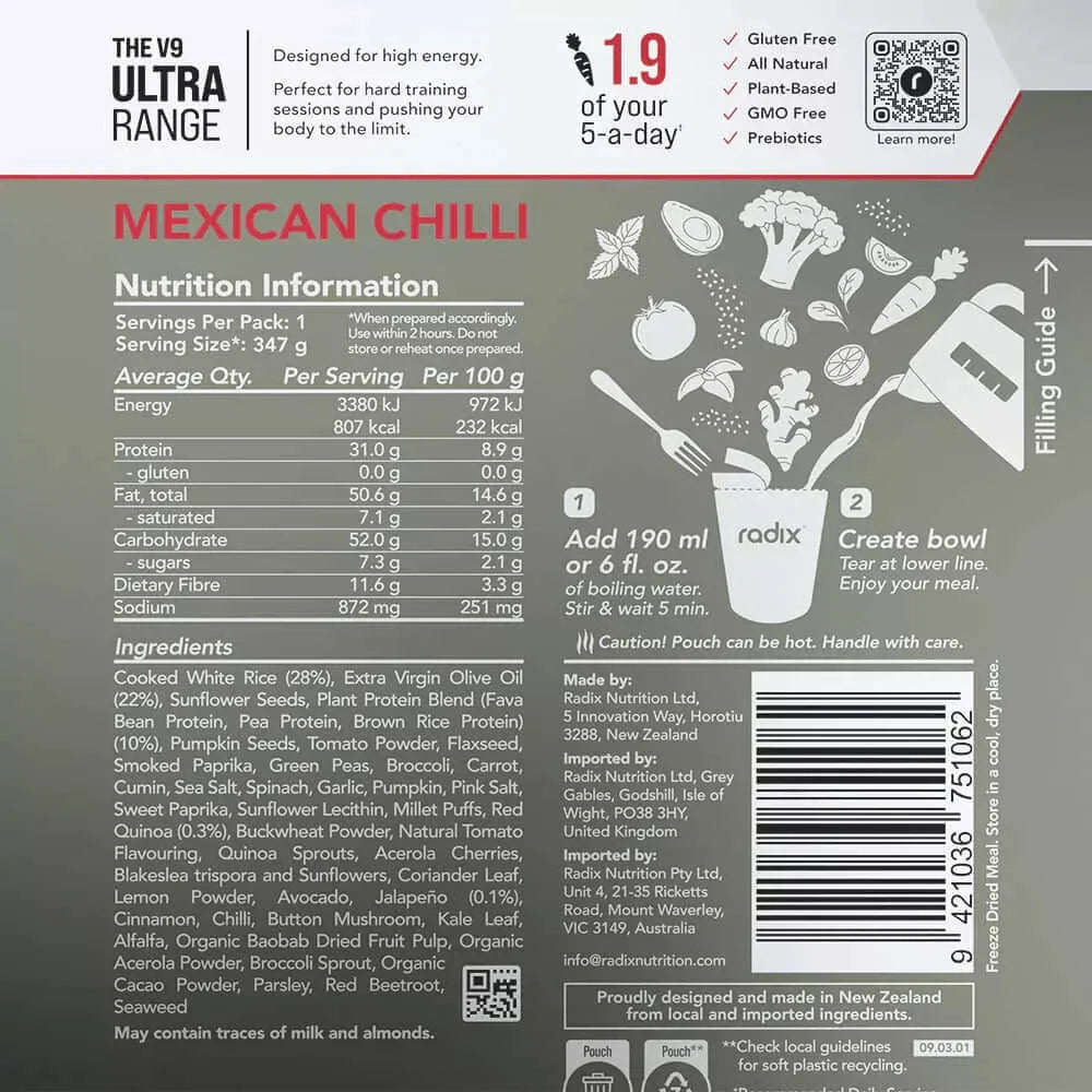 Radix Nutrition Ultra V9 Meals 800 Kcal - Mexican Chilli Nutrition Panel 9