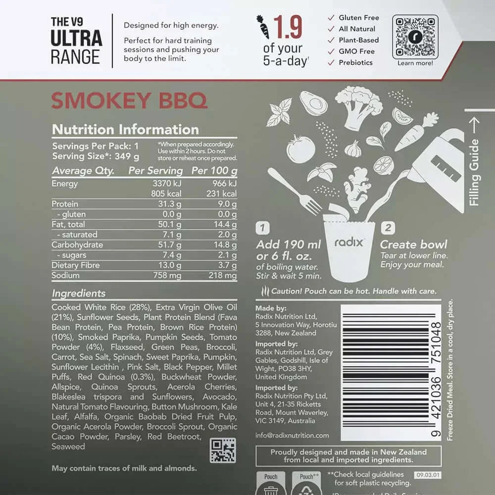 Radix Nutrition Ultra V9 Meals 800 Kcal - Smokey Barbecue Nutrition Panel 11