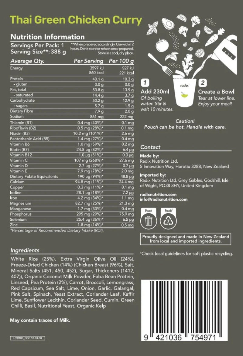 Back panel of a Thai Green Chicken Curry pouch showing nutrition information, serving suggestions with illustrated vegetables, ingredients list, contact details, and a barcode on a dark gray background.