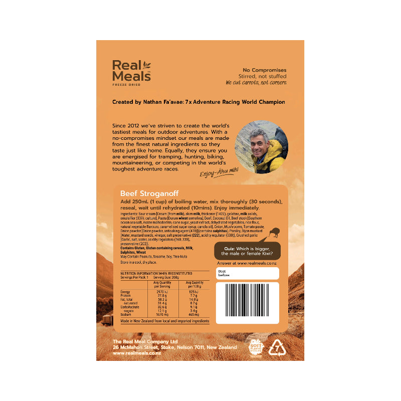 Back of a Real Meals beef stroganoff package with branding and product details.