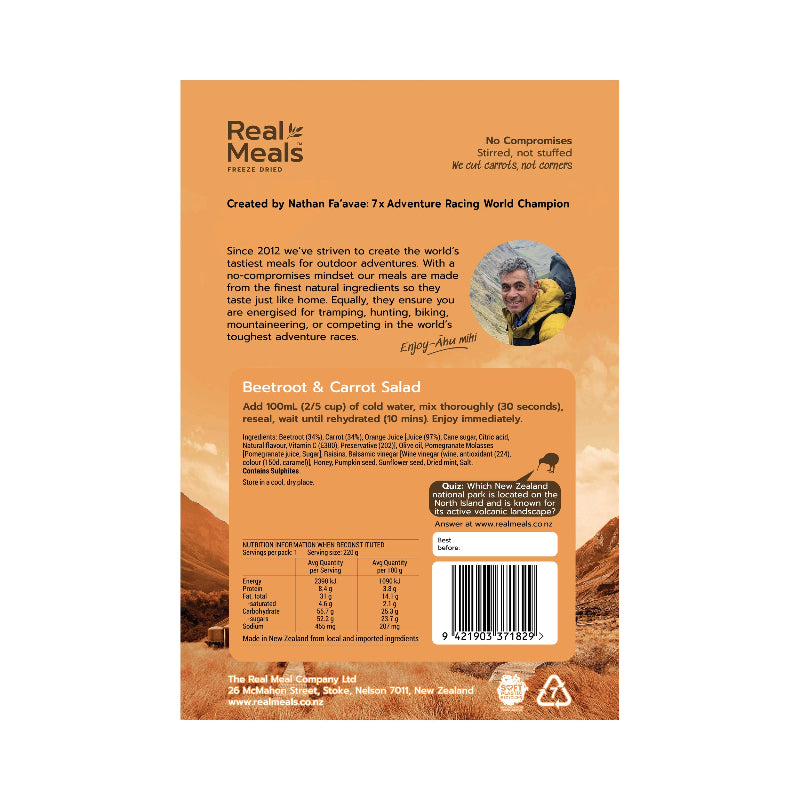 Back of a Real Meals package with branding and product details on an orange background