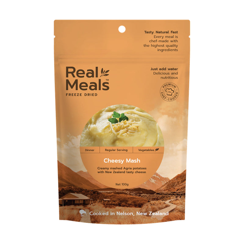 Package of Real Meals freeze-dried cheesy mesh meal on a white background