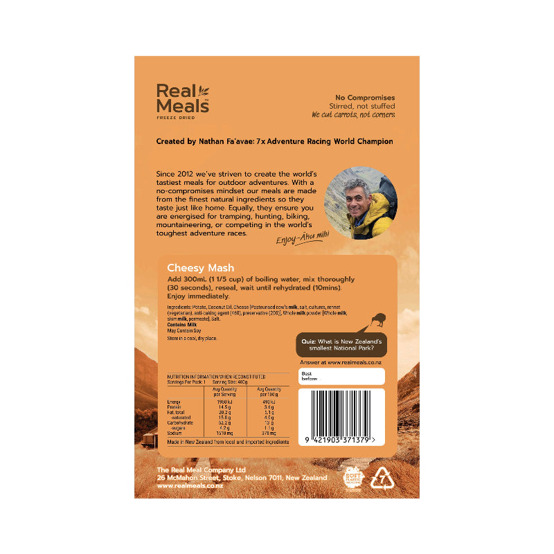 Back of a Real Meals food package with text and branding