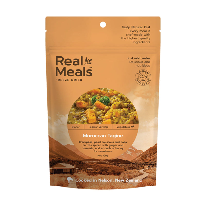 Package of Real Meals freeze-dried Moroccan Tagine meal on a white background