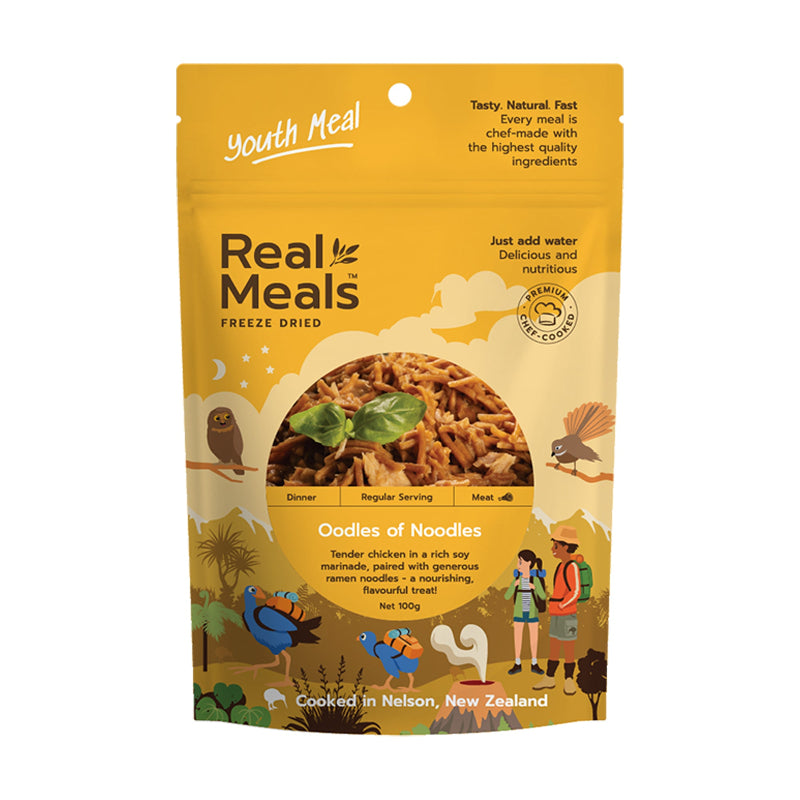 Real Meals freeze-dried noodle package with yellow background and nature-themed illustrations