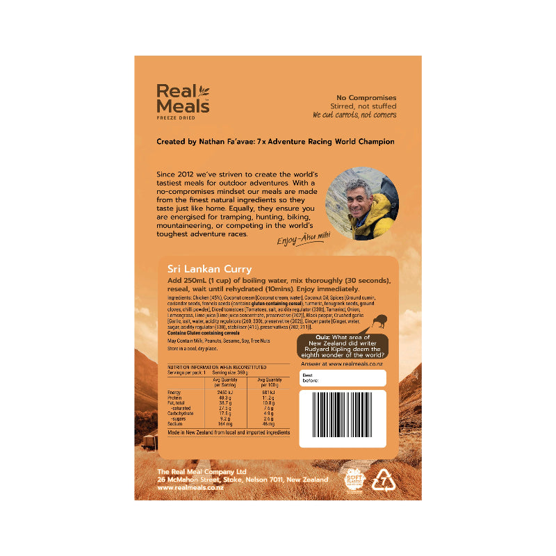 Back of a Real Meals Sri Lankan Curry package with branding and text.