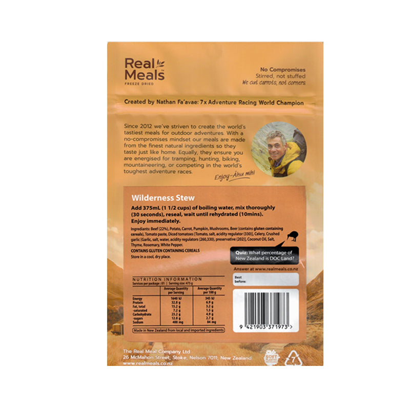Real Meals Wilderness Stew package with Nathan Paulin on a white background