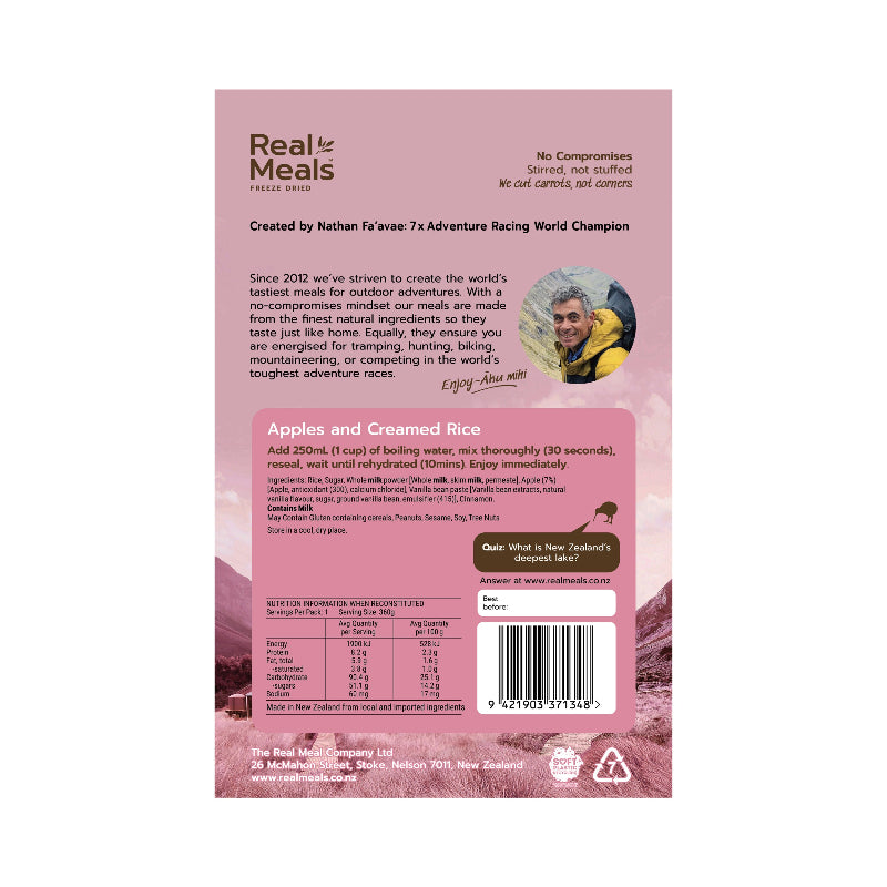 Back of a Real Meals freeze-dried meal package with pink background and text.