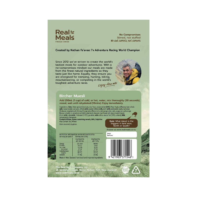 Back of a Real Meals package with a green background and text.
