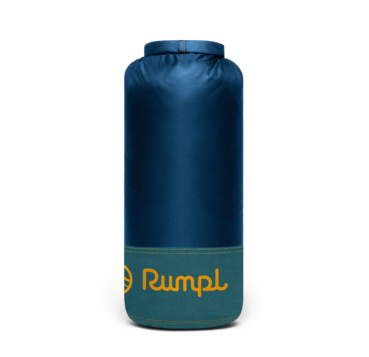 Blue dry bag with 'Rumpl' logo on a white background