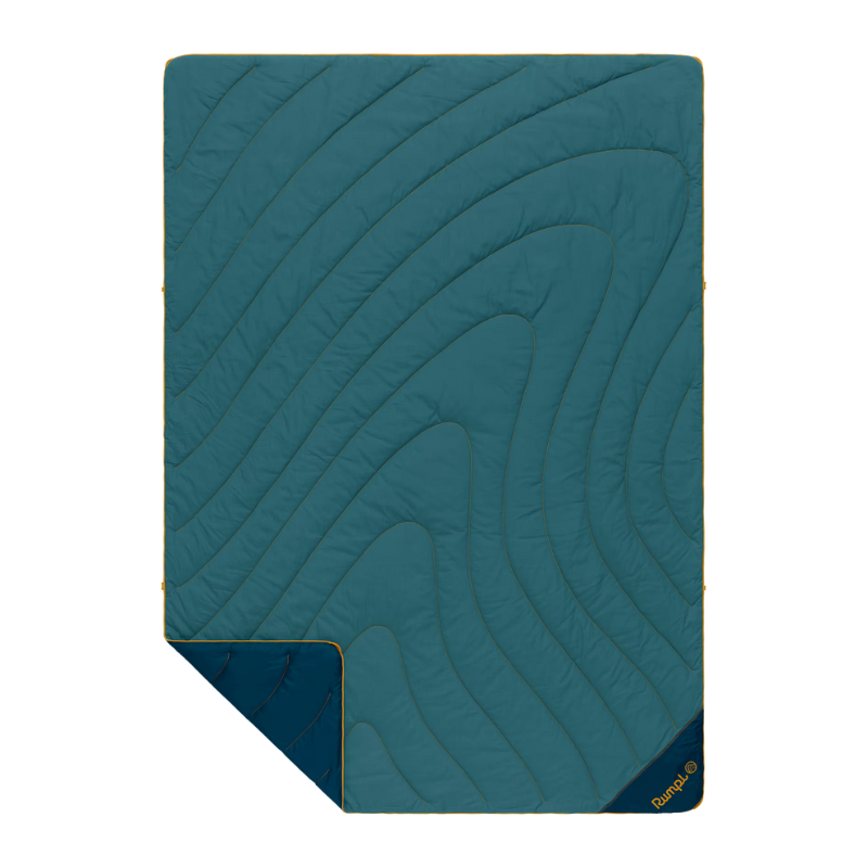 Teal quilted blanket with a brand logo on a white background