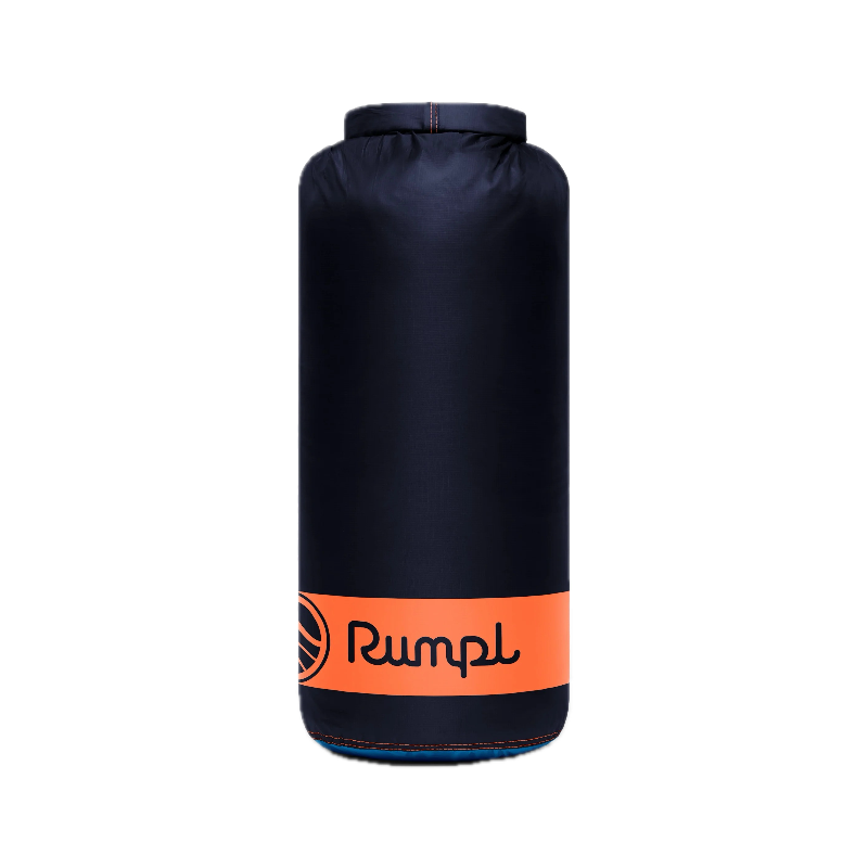 A black cylindrical dry bag with an orange band around the lower middle featuring the brand name 'Rumpl' in black script, shown against a plain white background.
