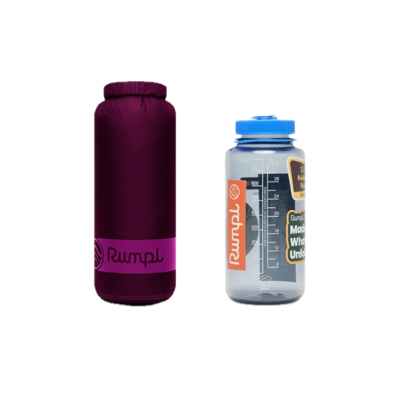 Rumpl Travel Puffy Blanket Plum Size comparison next to a 1l nalgene