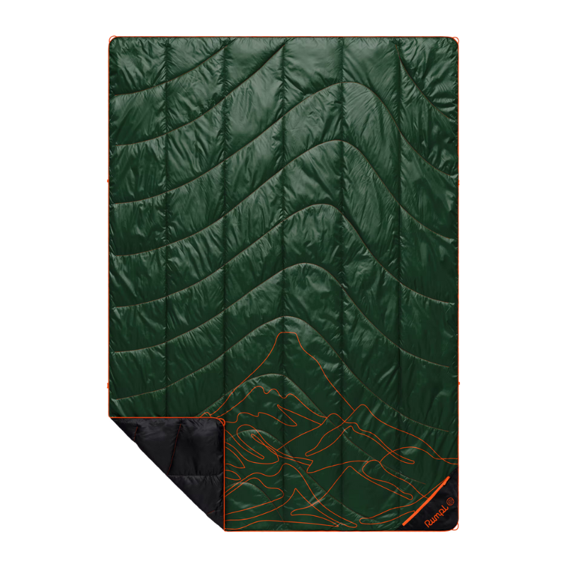 A dark green quilted camping sleeping pad with orange contour line graphics of a mountain and a black reversible underside, shown on a plain white background.