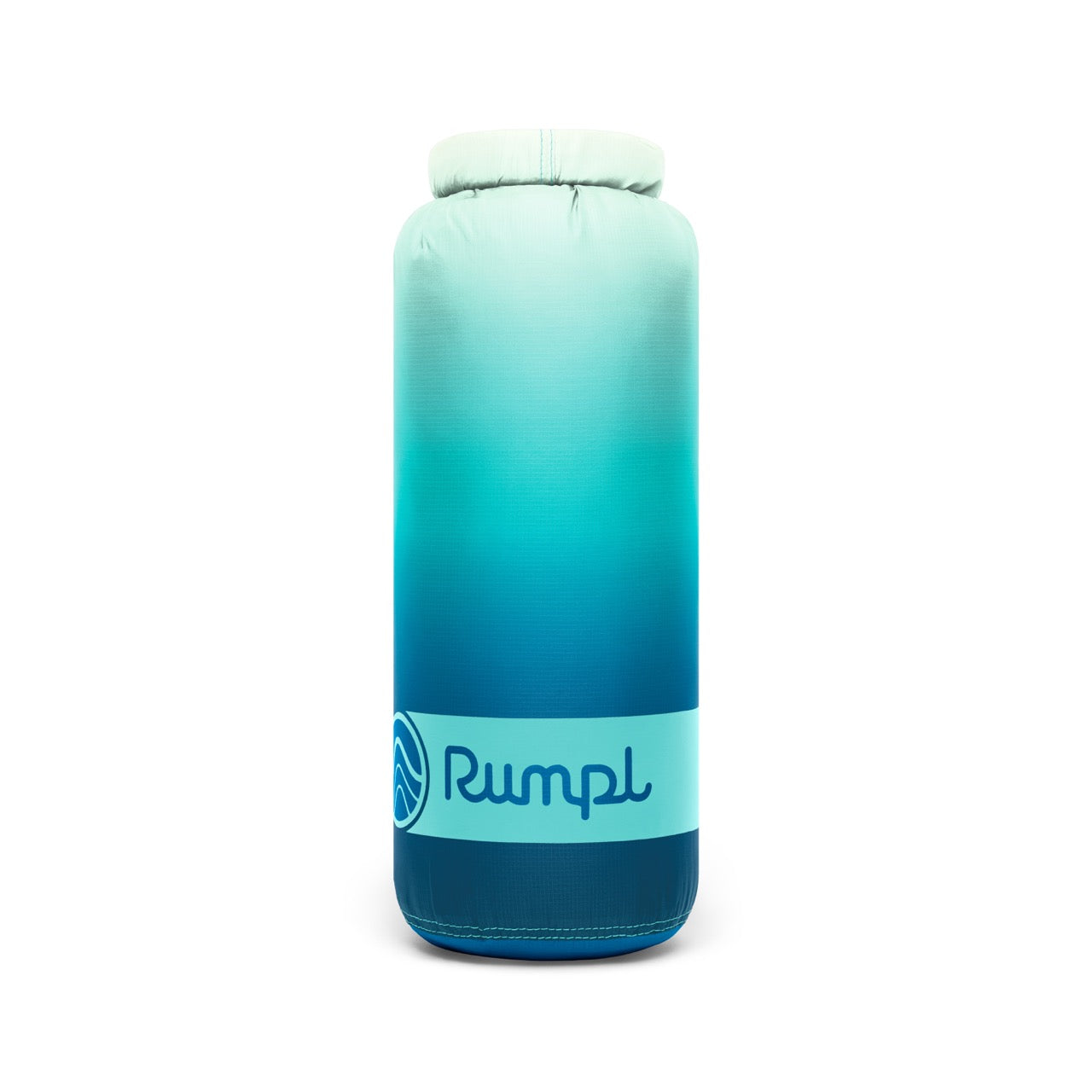 Gradient blue waterproof blanket with 'Rumpl' branding on a white background