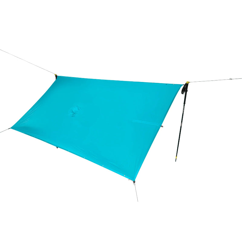 Turquoise tarp with ropes on a white background