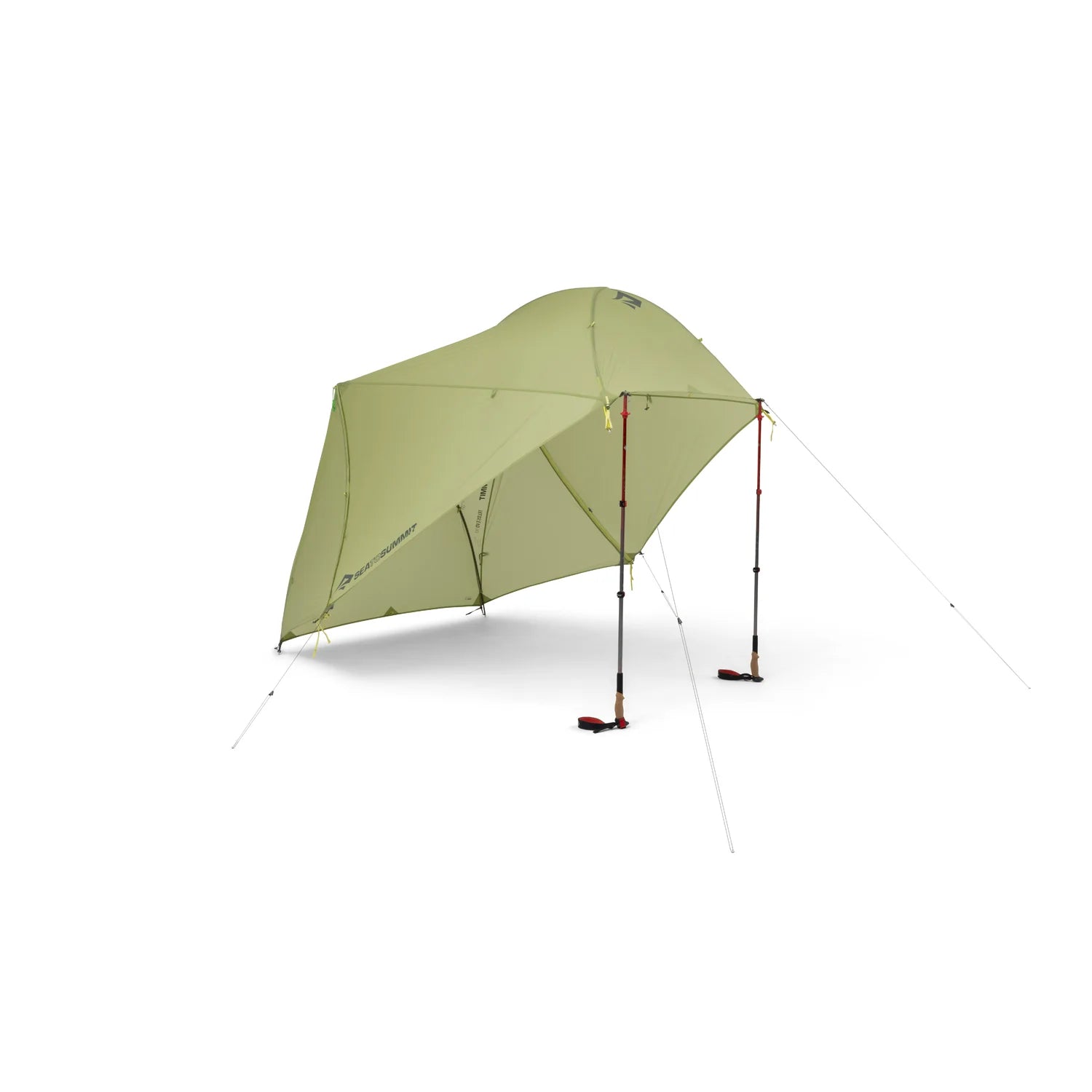 Green camping tent with stakes on a white background