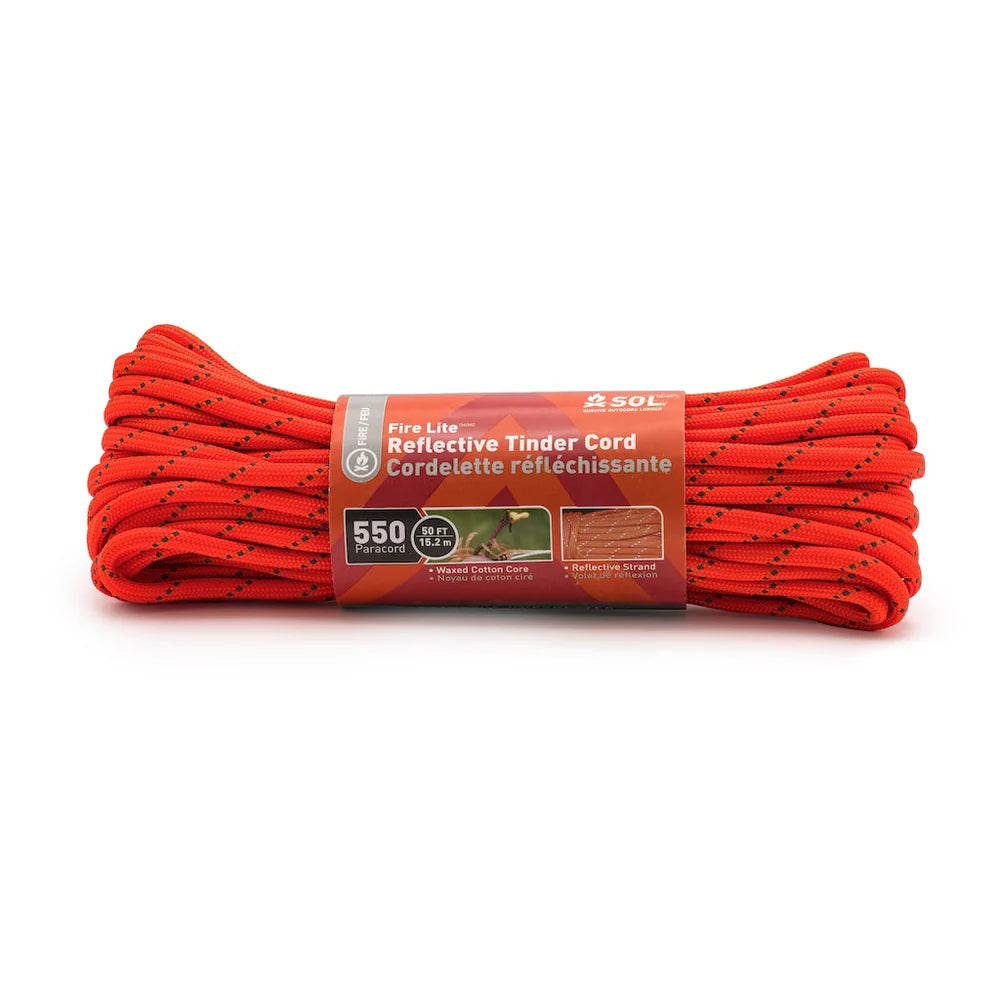 Red fire line reflective tinder cord with SOL label on a white background