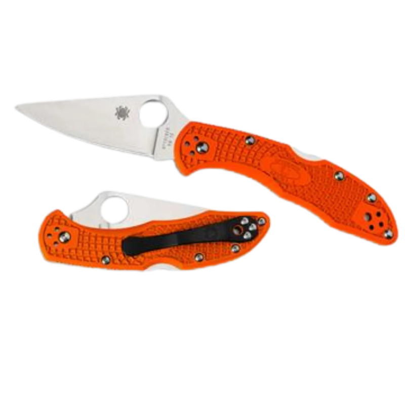 Two orange folding knives on a white background