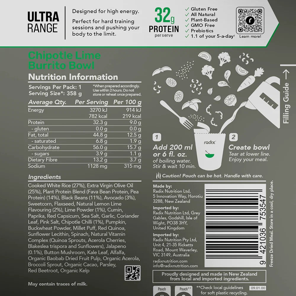 Radix Nutrition Ultra V9 Meals 800 Kcal - Chipotle Lime Burrito Bowl Nutrition Panel 17