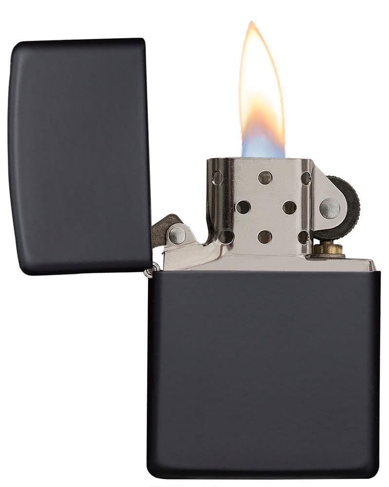 Zippo Lighter Matte Black with flame and open