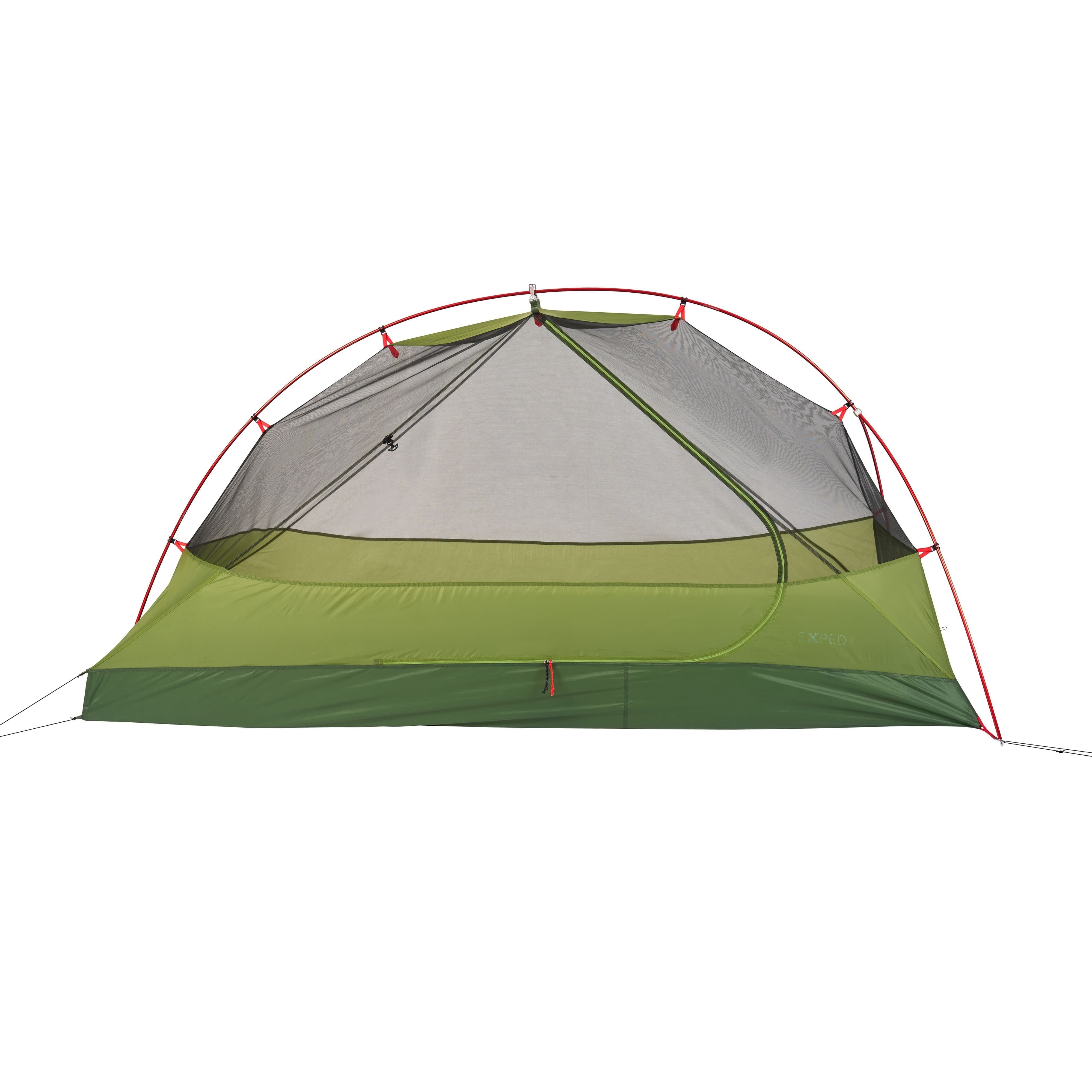 Green and gray tent with red accents on a white background