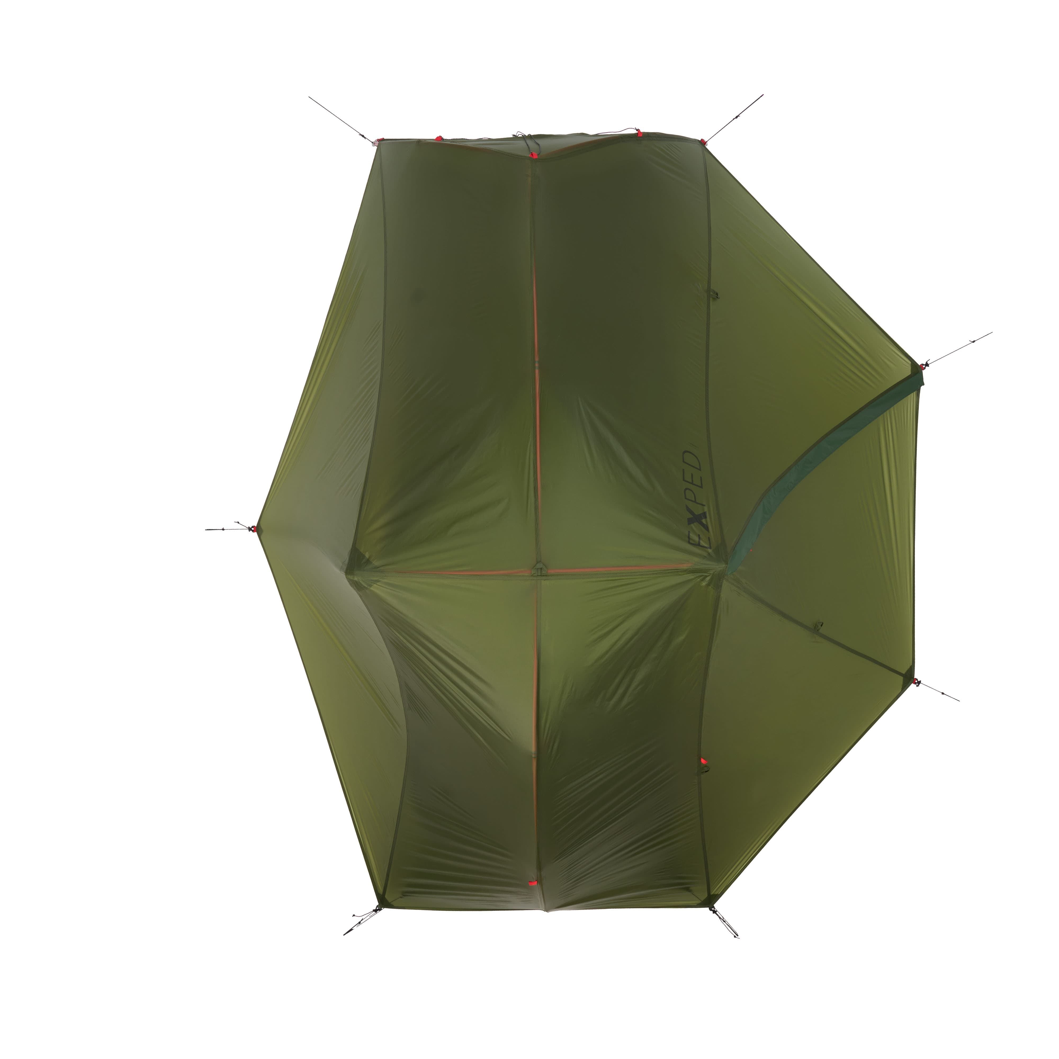 Green tent with red accents on a white background