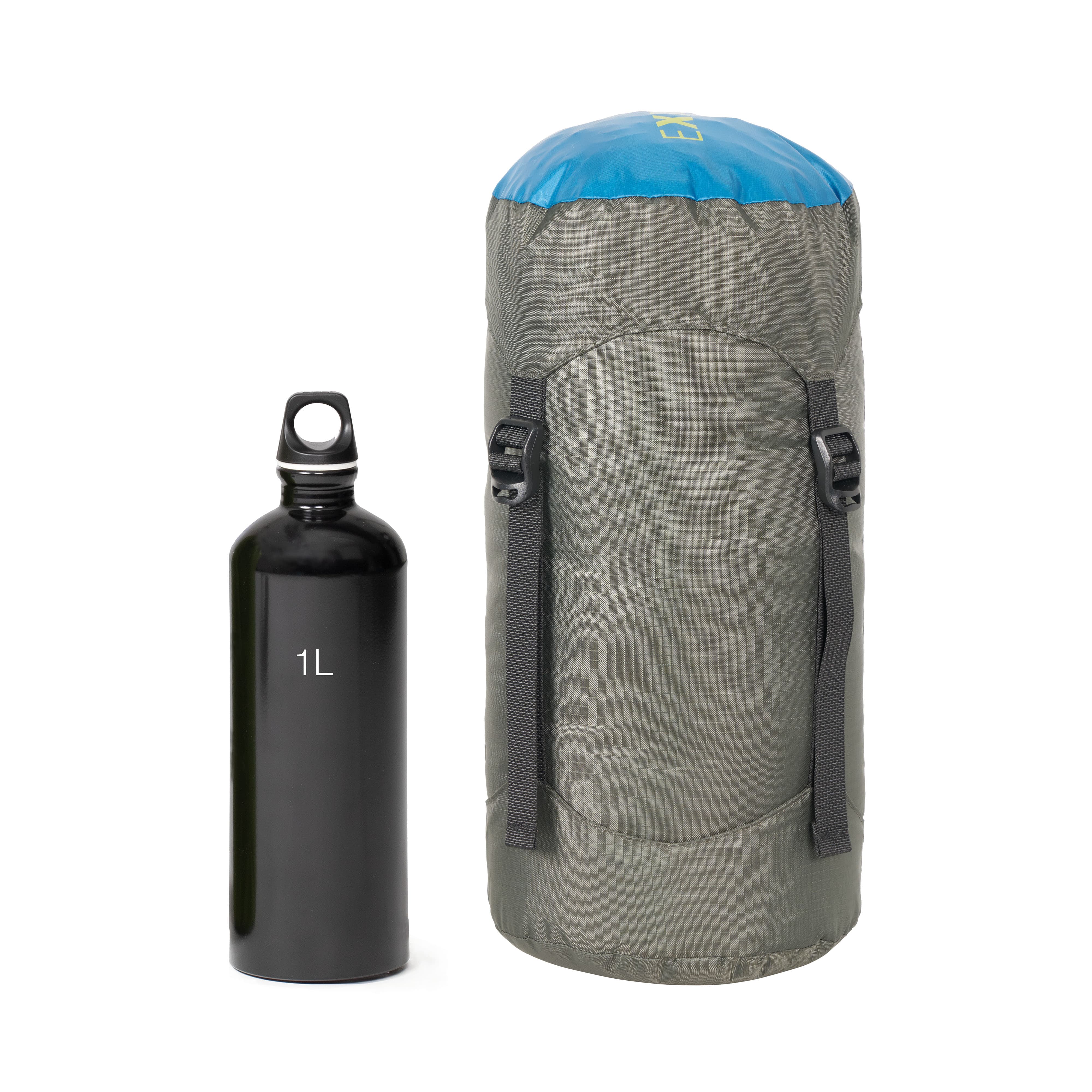 Size of lightweight sleeping bag for camping with blue top and black water bottle on a white background