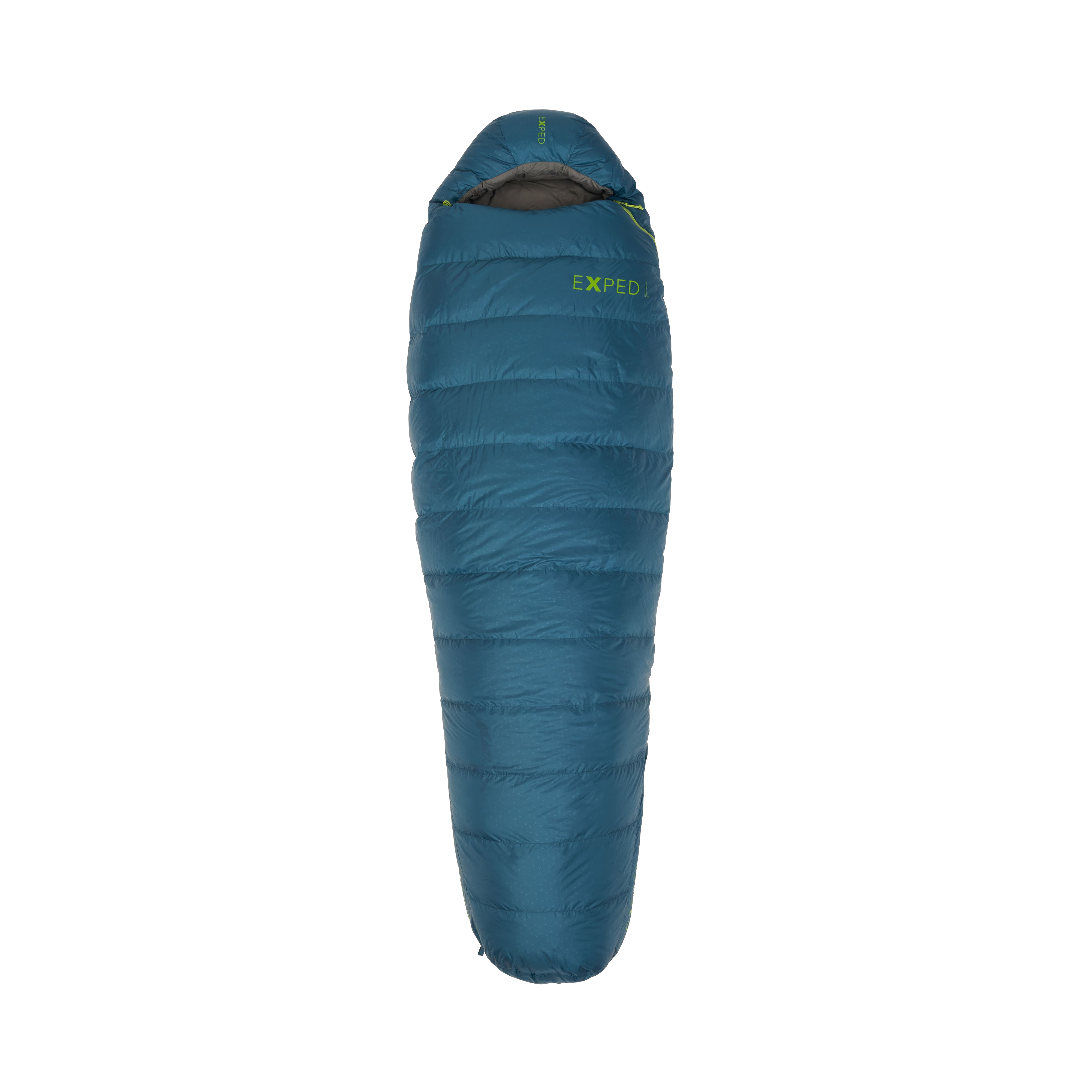 Blue sleeping bag with 'Exped' branding on a white background