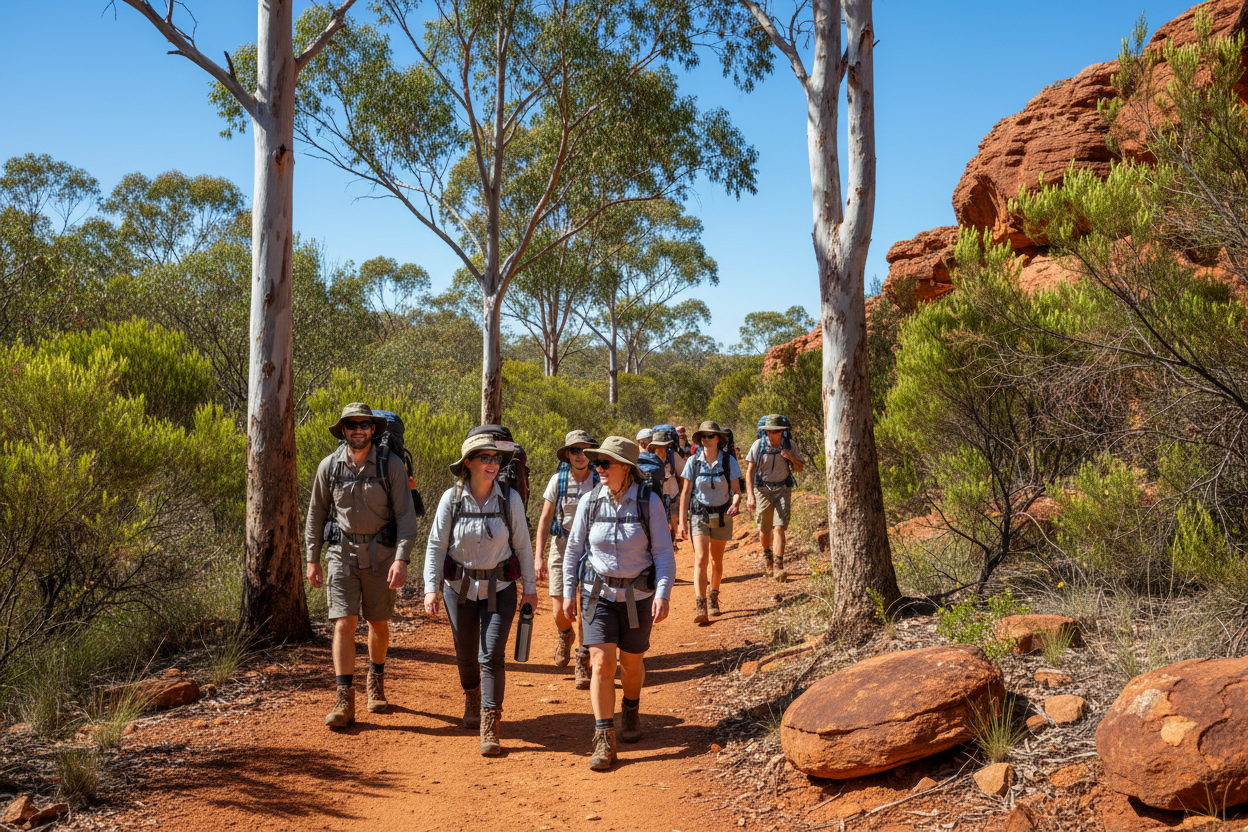 group of white males and females hiking in Australia