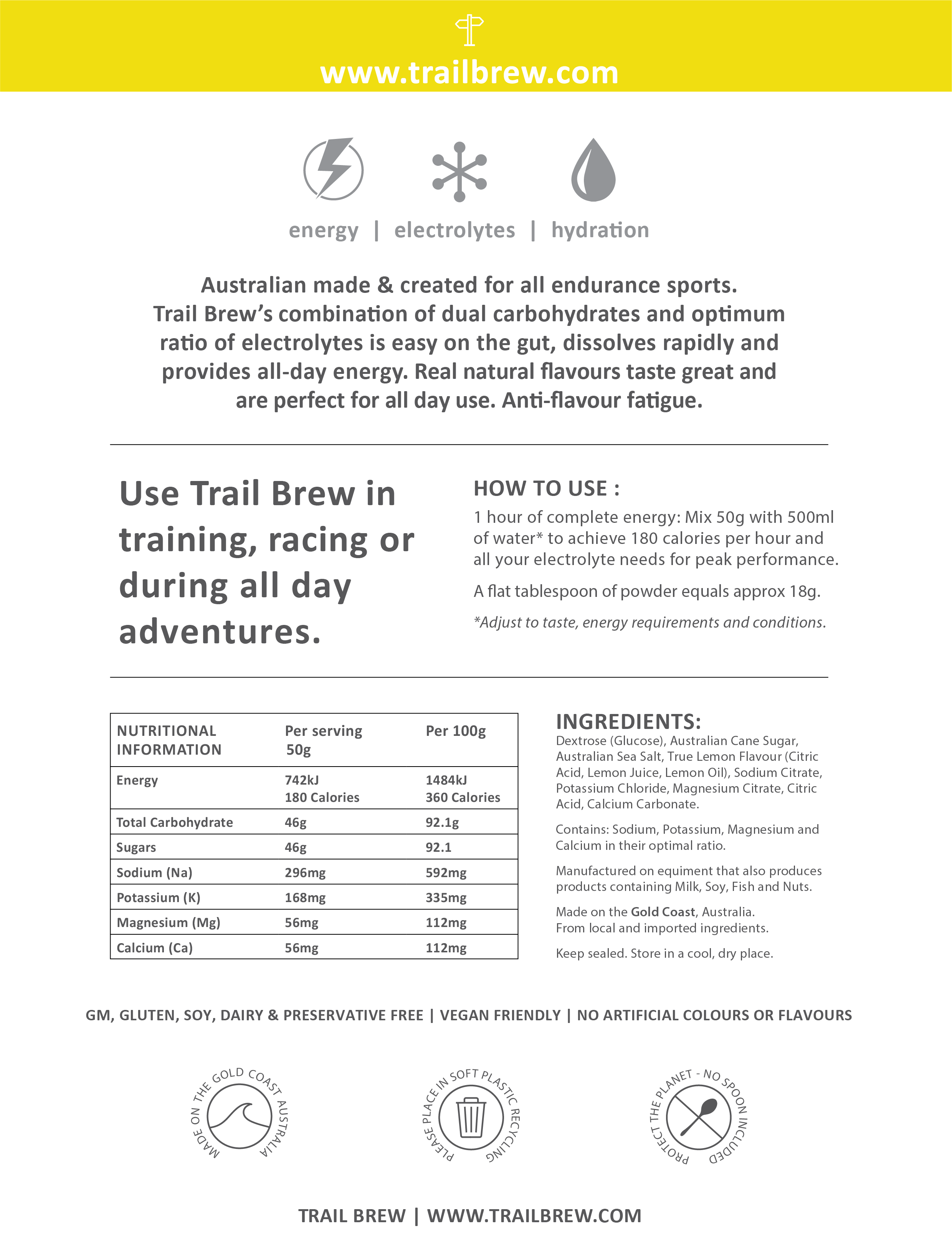 Trail Brew Lemon (1kg) Energy + Electrolytes