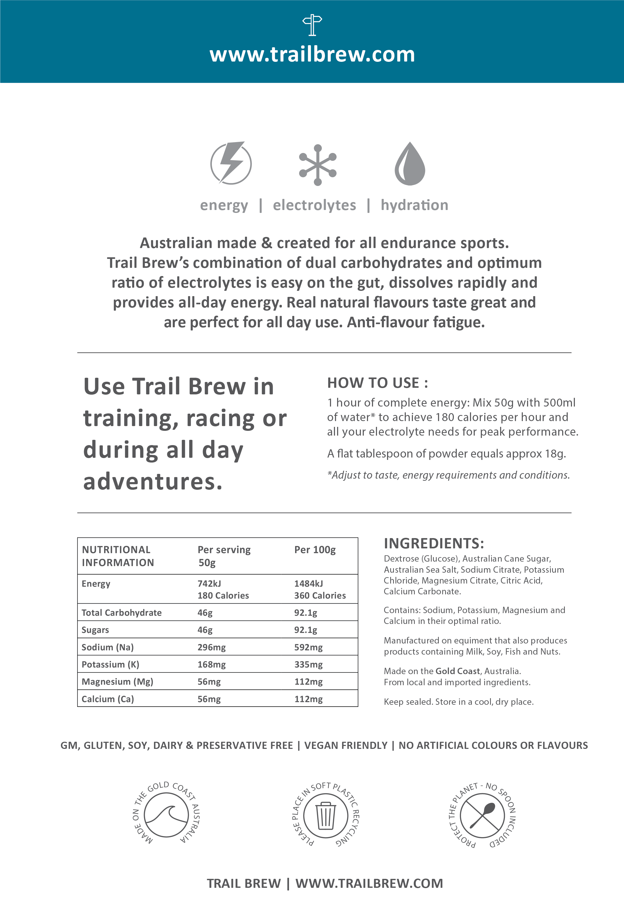 Trail Brew Neutral (Unflavoured) (1kg) Energy + Electrolytes