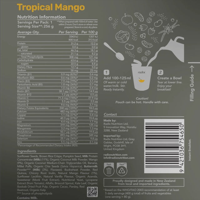 Radix Ultra Dairy Breakfast 800kcal - Tropical Mango Nutrition Panel 12