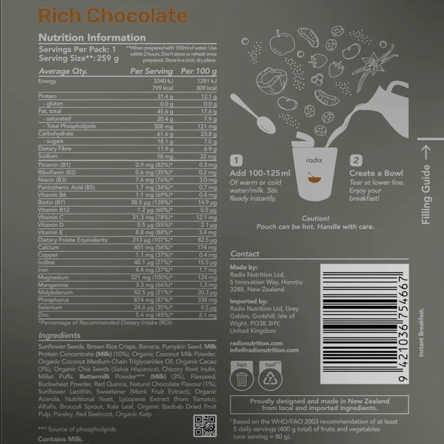 Radix Ultra Dairy Breakfast 800kcal - Rich Chocolate Nutrition Panel 18