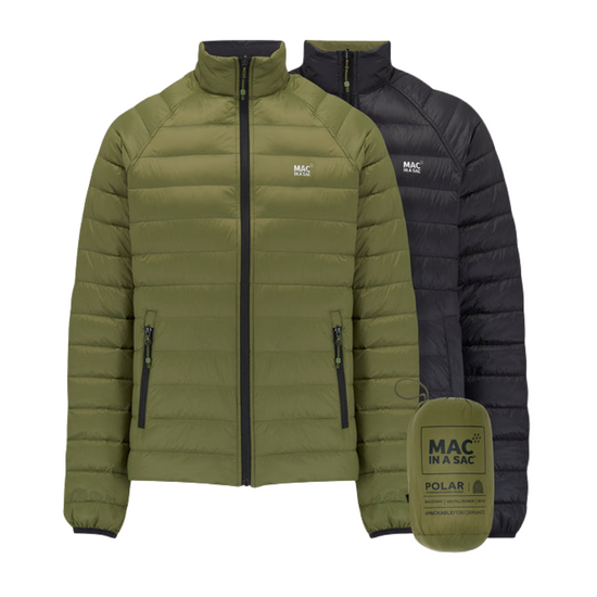Green and black puffer jackets with a foot warmer on a white background, featuring the MAC IN A SAC brand.