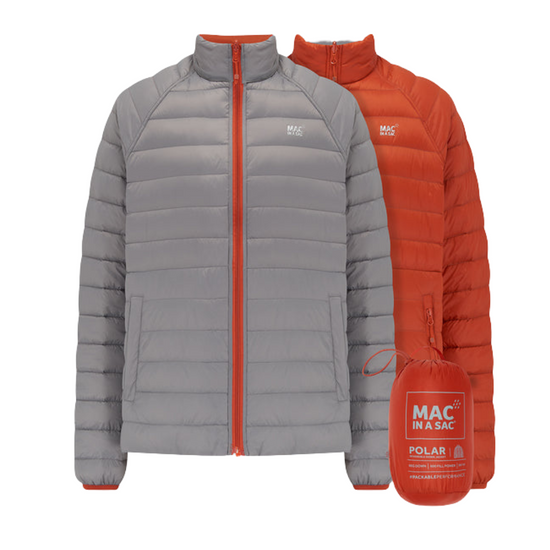 Gray and orange puffer jackets with a matching sleeping bag on a white background