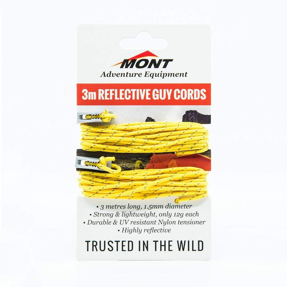 Packaging of Mont Adventure Equipment reflective guy cords with product details on a white background.