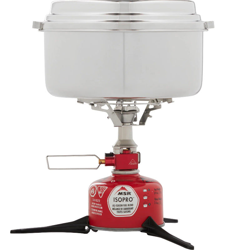 Camping stove with a white pot on a white background