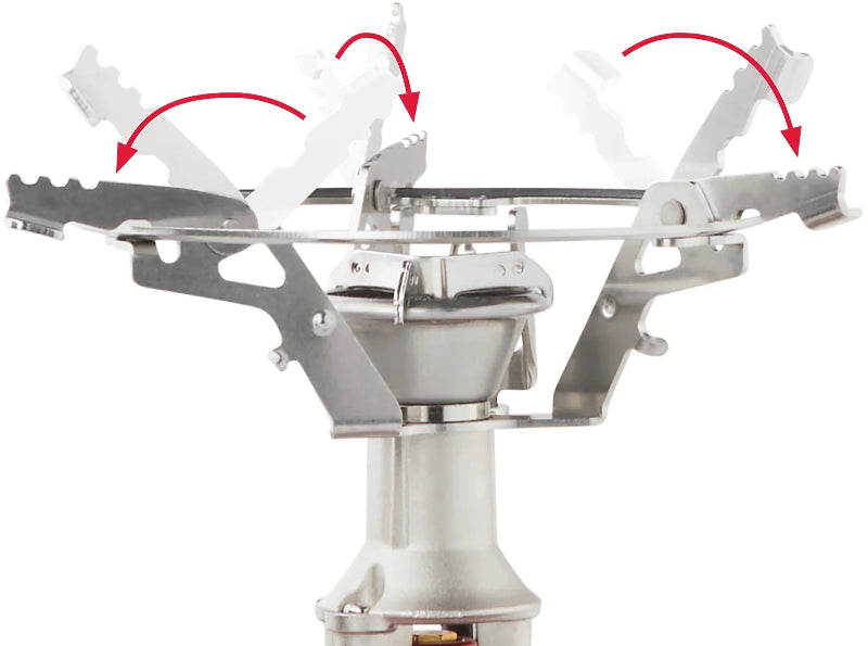 Close-up of a camping stove with adjustable flames on a white background