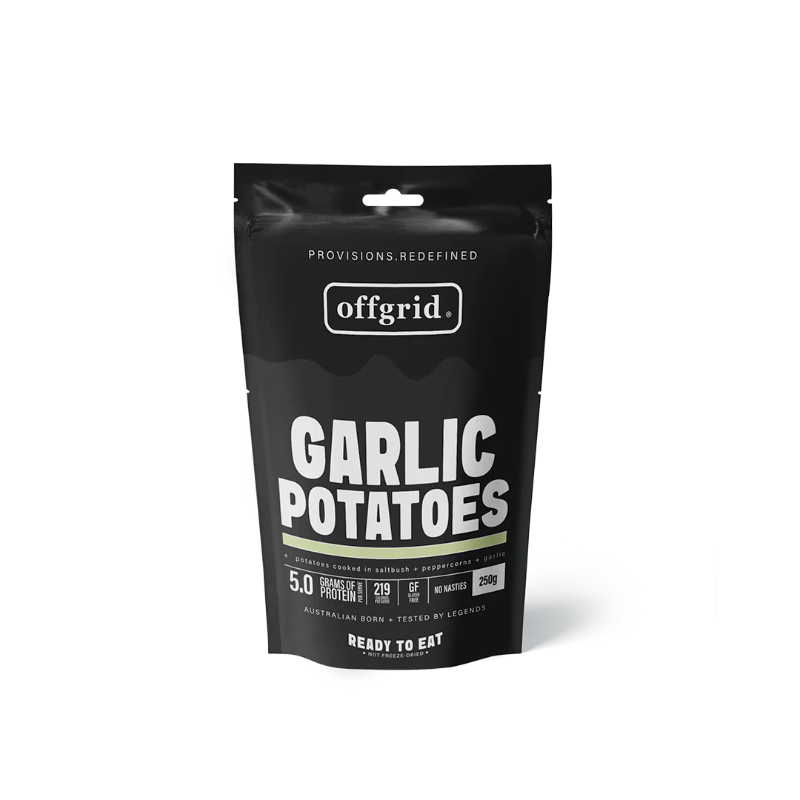Black package of offgrid Garlic Potatoes on a white background