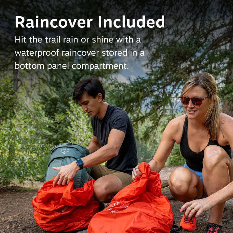 Two people putting raincovers on their hiking packs