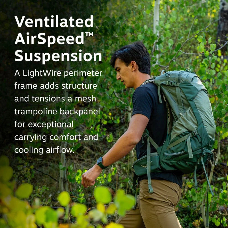Person hiking with a green backpack in a forest, featuring text about Ventilated AirSpeed Suspension.