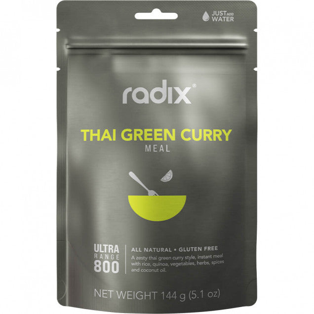 Packaging of Radix Nutrition Ultra V9 Thai Green Curry Meal showing the brand name, product name, and dietary claims such as ultra fast 800, all natural, gluten free.
