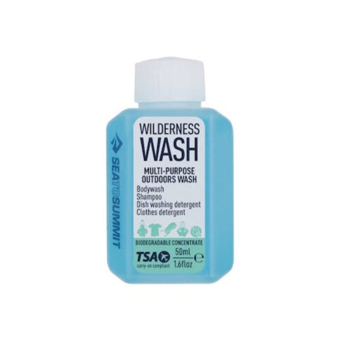 A bottle of Sea to Summit Wilderness Wash liquid laundry detergent.