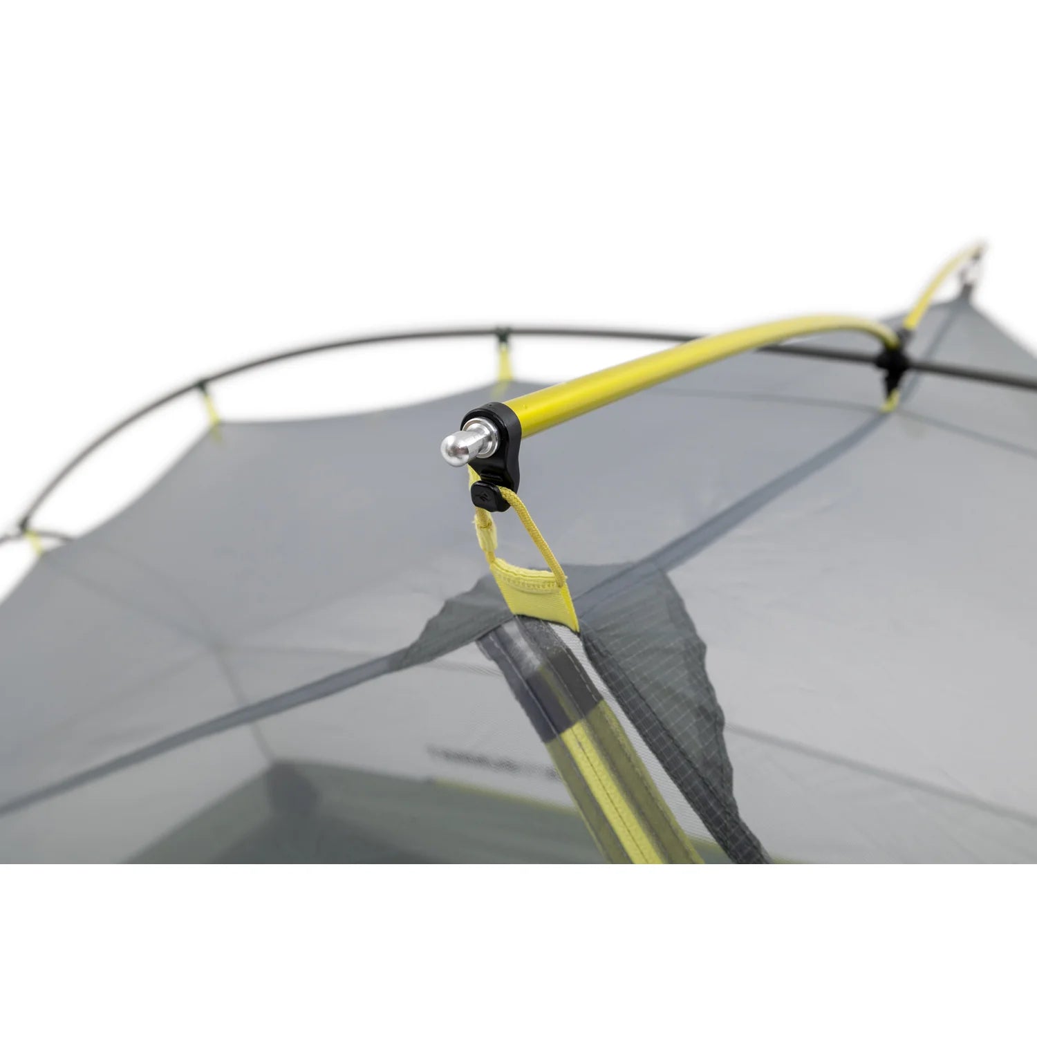 Close-up of a tent with yellow poles and gray mesh on a white background