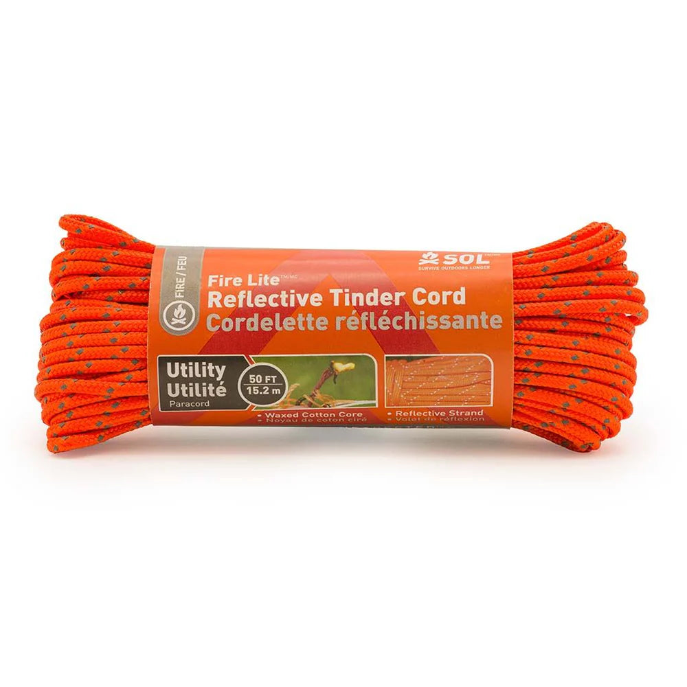 Orange reflective tinder cord with packaging on a white background