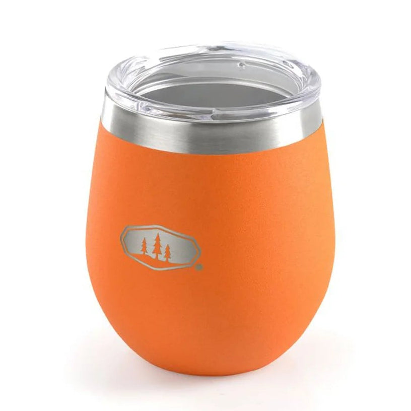 An orange GSI Glacier Stainless Glass Tumbler with a clear lid.