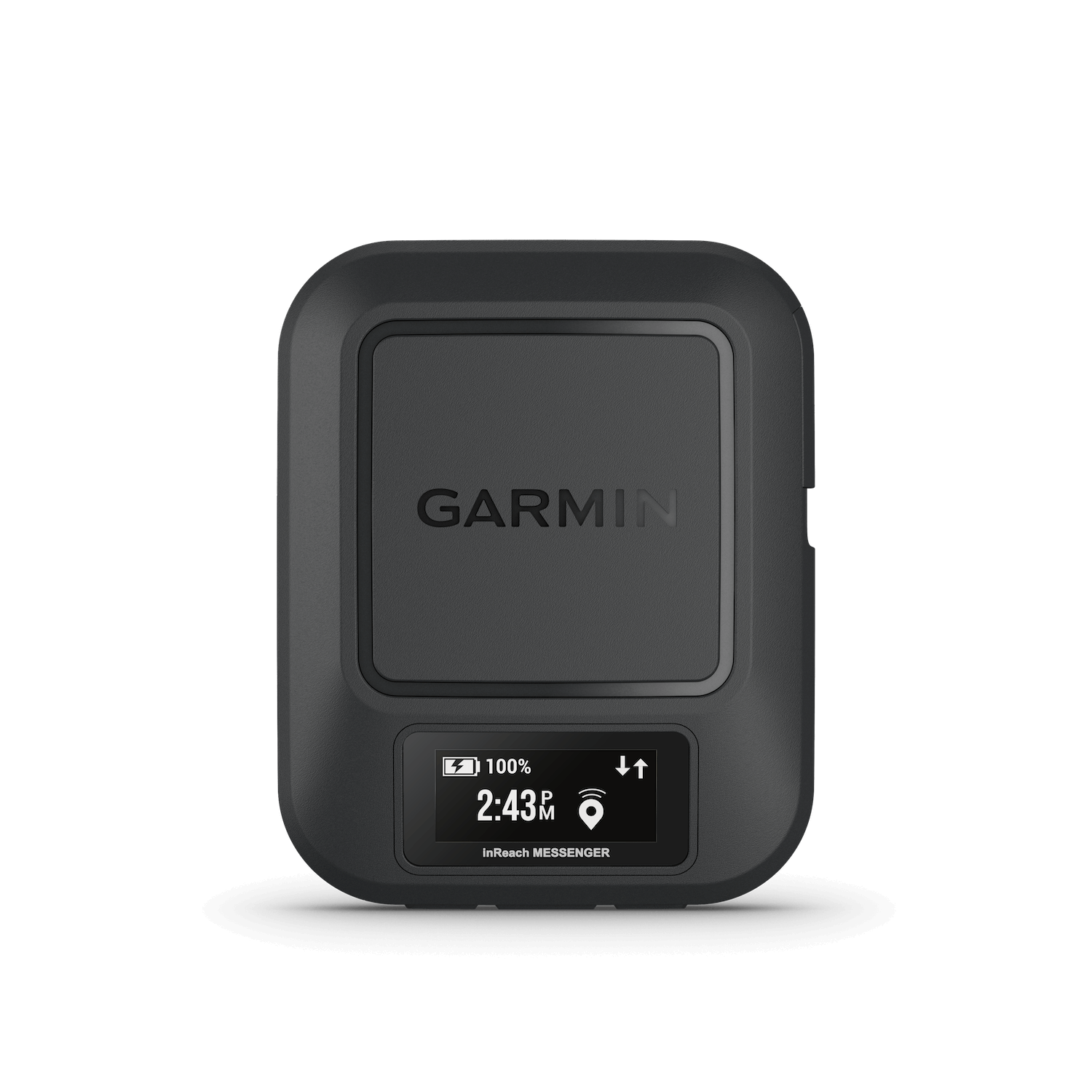 A black Garmin Inreach Messenger device displaying signal strength and battery percentage on its screen.