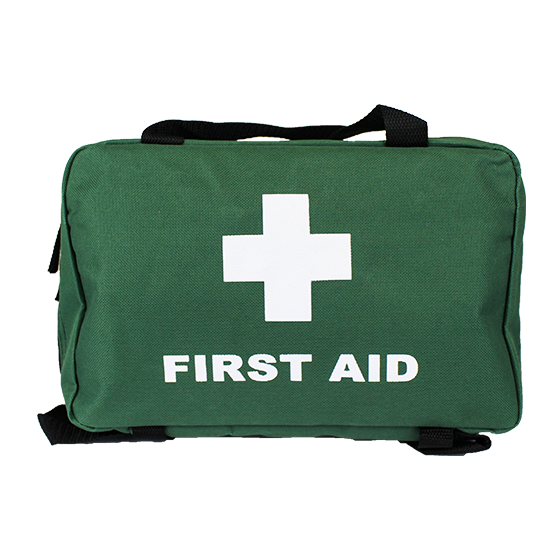 A green first aid bag with a white cross and the words 'FIRST AID' printed on the front.