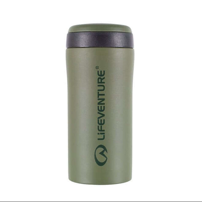 A green Lifeventure thermal mug with a silver lid, logo visible on the front